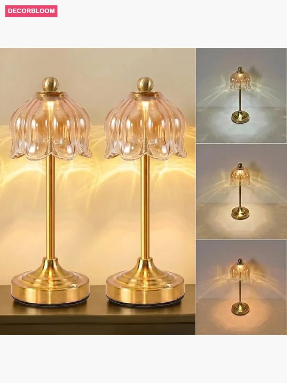 Vintage Tulip Glass Table Lamp Set of 2 Cordless LED Touch Dimmable Accent Light